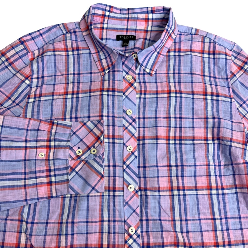 Talbots Petites XL Lavender Pink Plaid Cotton Button Down Shirt Long Sleeve